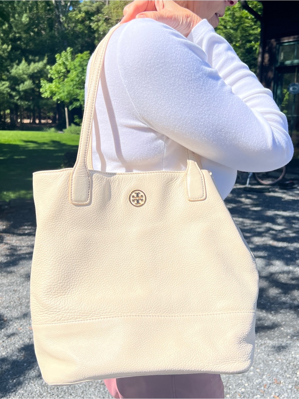 Tory Burch Pebbled Cream Leather Tote with Gold Logo